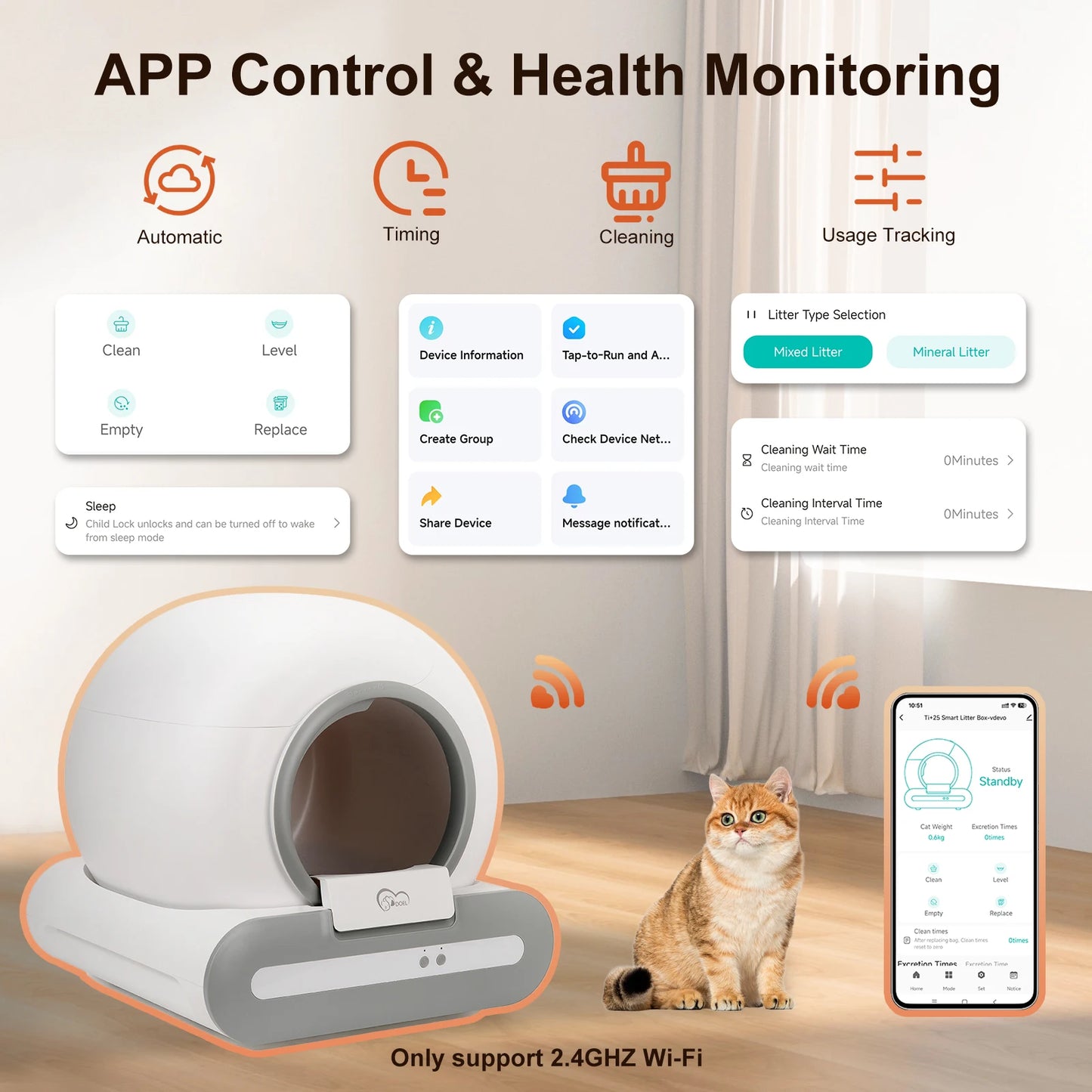 DOEL App Controlled Self Cleaning Cat Litter Box 2.4G WiFi
